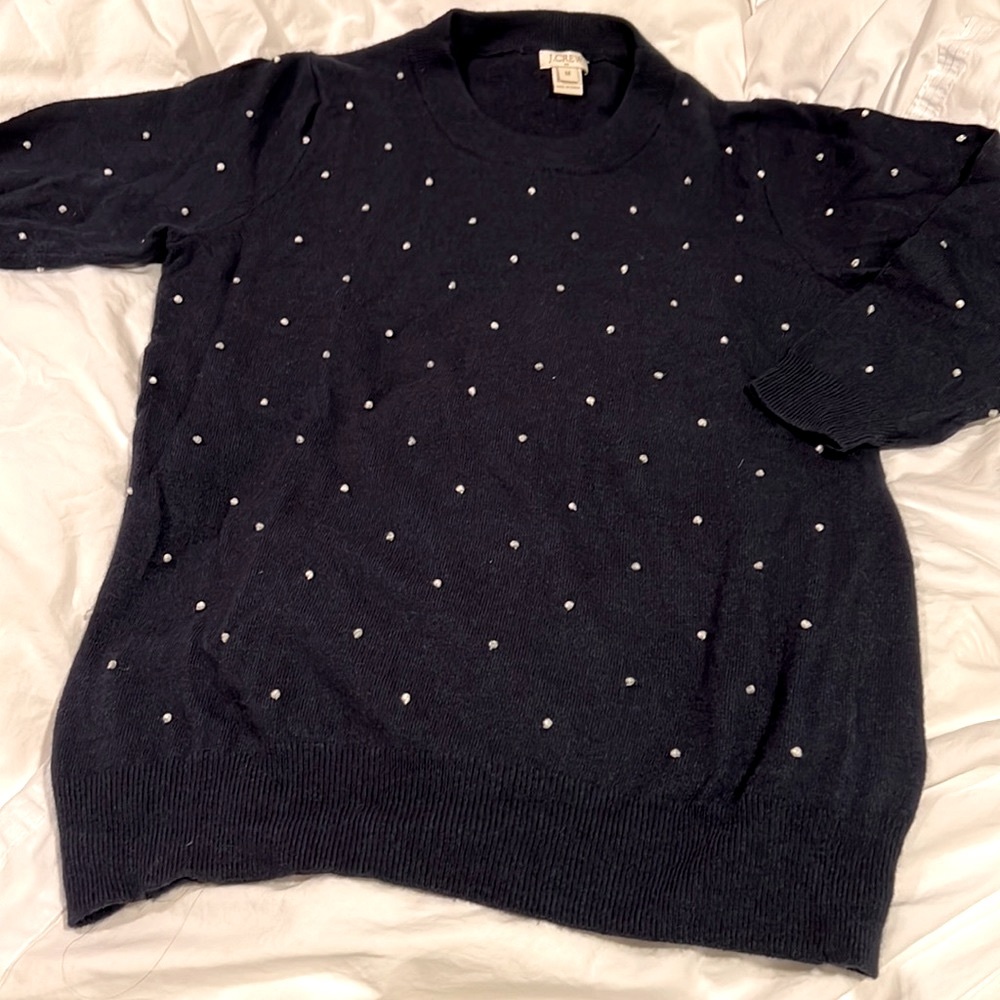JCrew navy swiss dot Teddy sweater, 3/4 sleeve